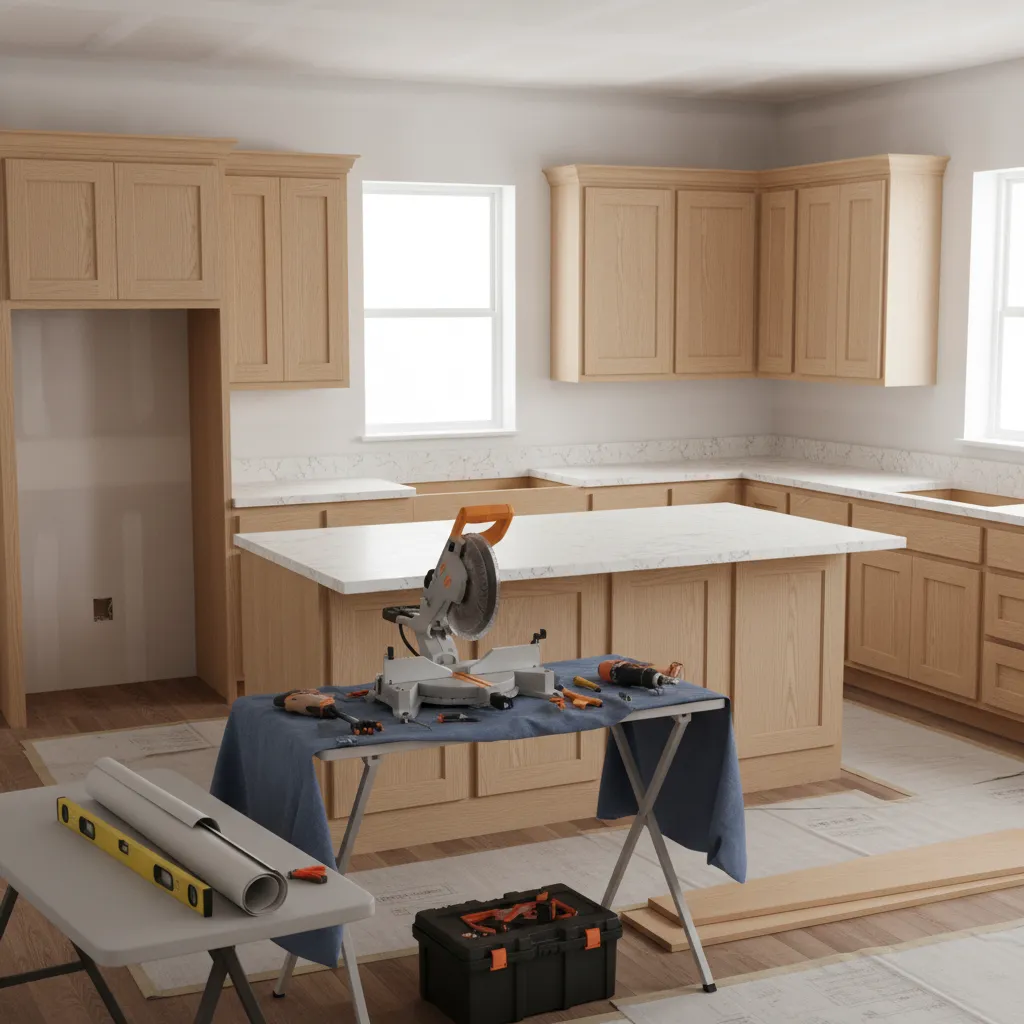 kitchen cabinetry installation and countertop preparation during renovation