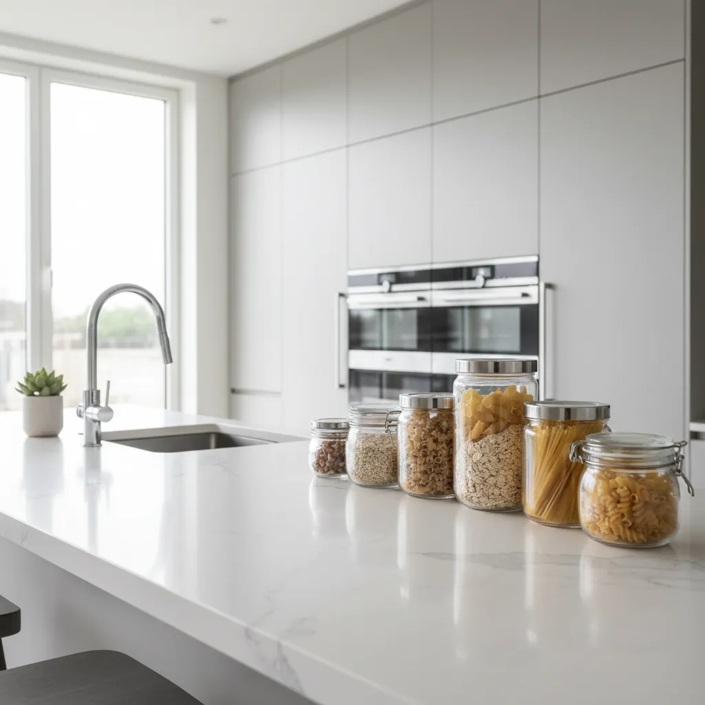clean kitchen countertop with sealed containers and organized storage preventing small bugs