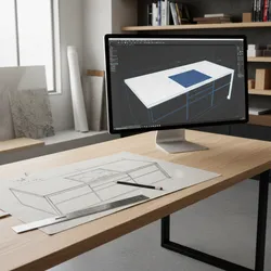 Comparison of hand drawn kitchen sketch and clean digital interior design drawing on computer monitor