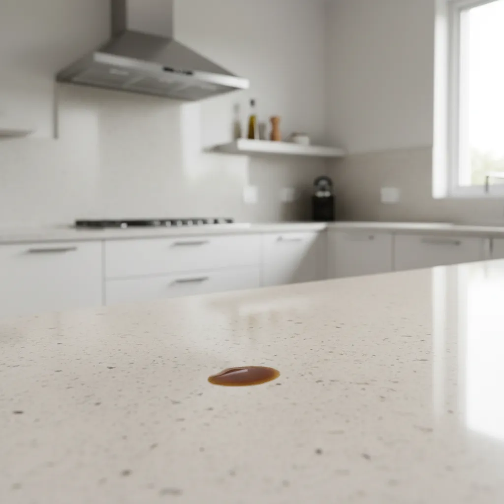 Oil stain on light stone kitchen countertop near cooking area