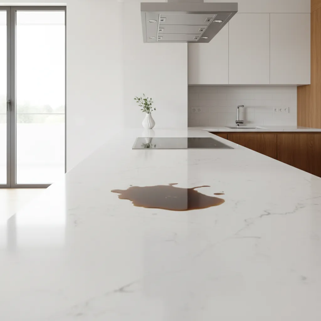 oil stain on light colored kitchen countertop near cooking area