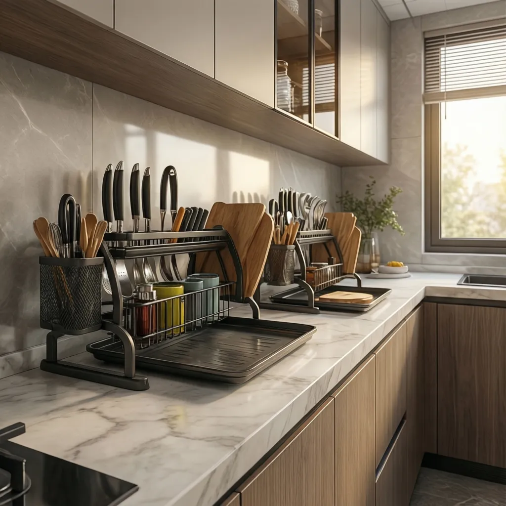 organized kitchen counter with tray rack and caddy storage zones