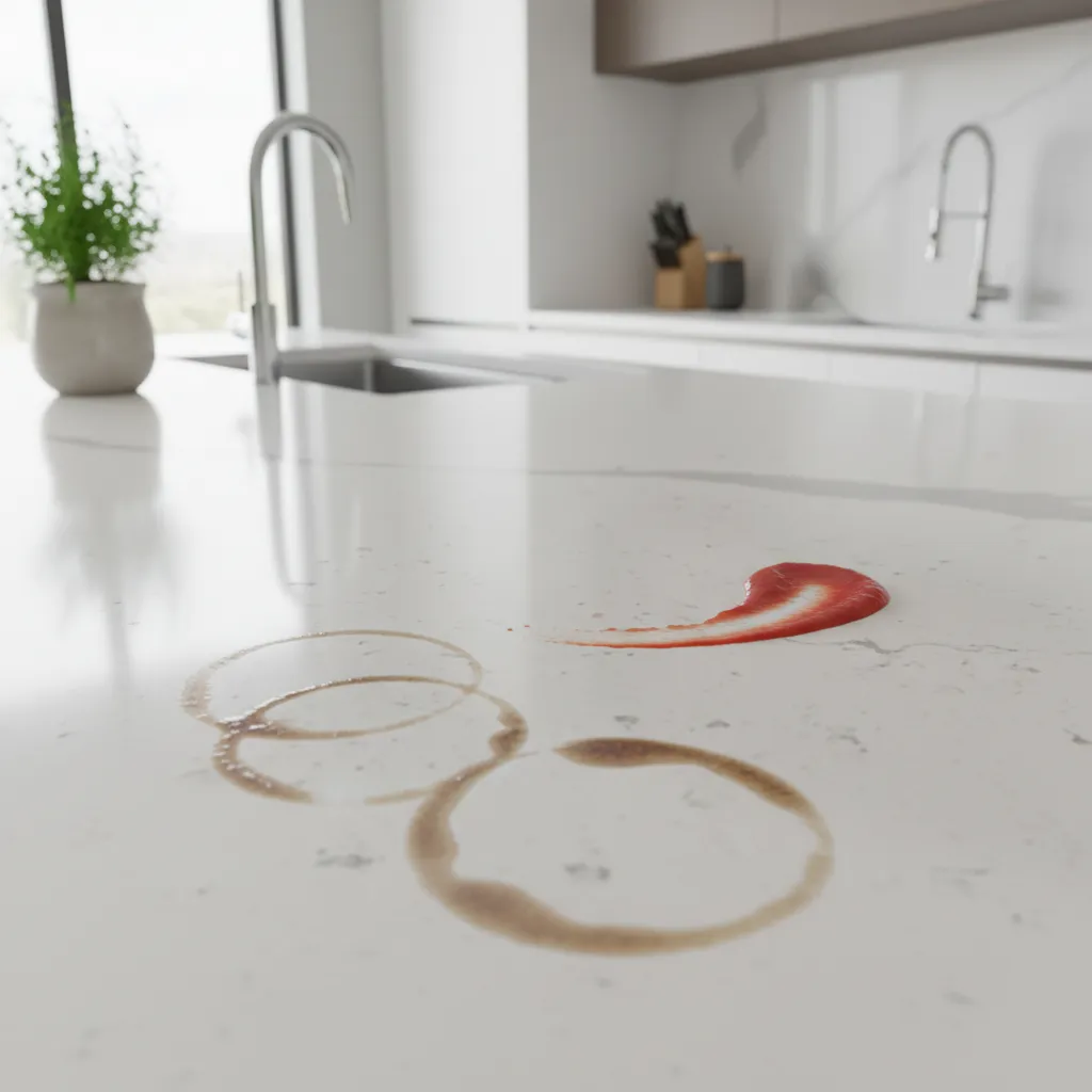 Food stain on white quartz kitchen countertop surface