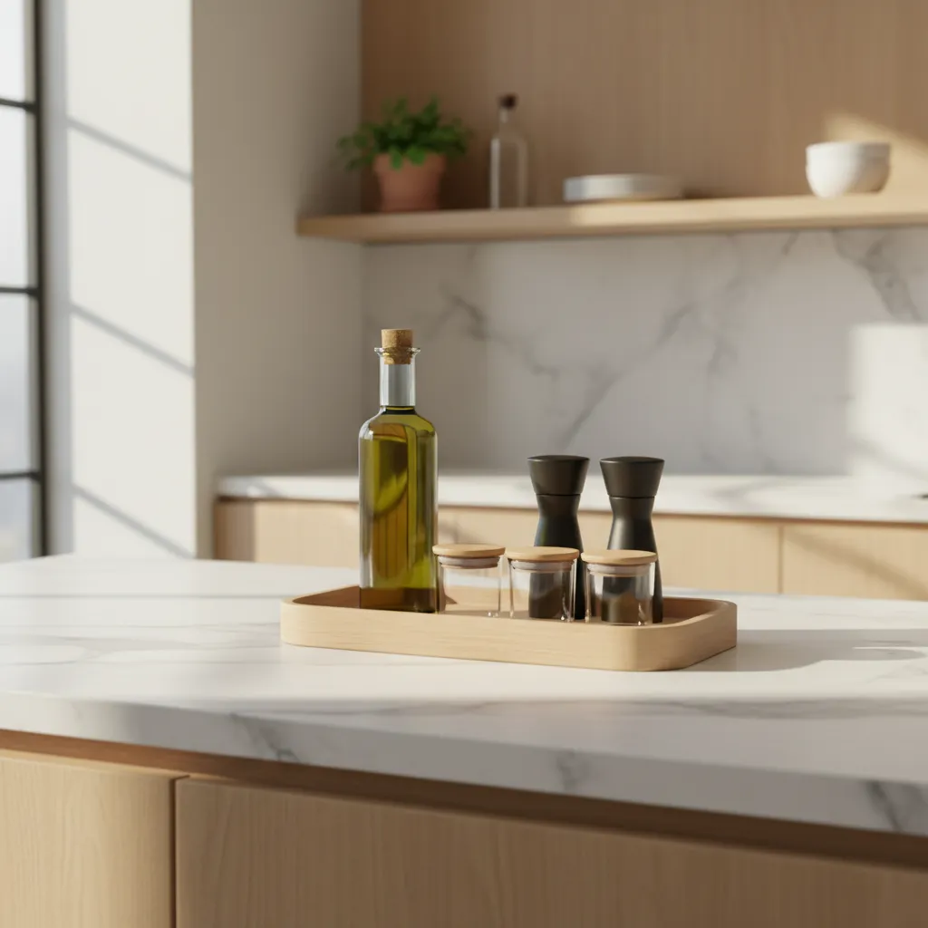 kitchen countertop tray organizer grouping oils salt and pepper neatly