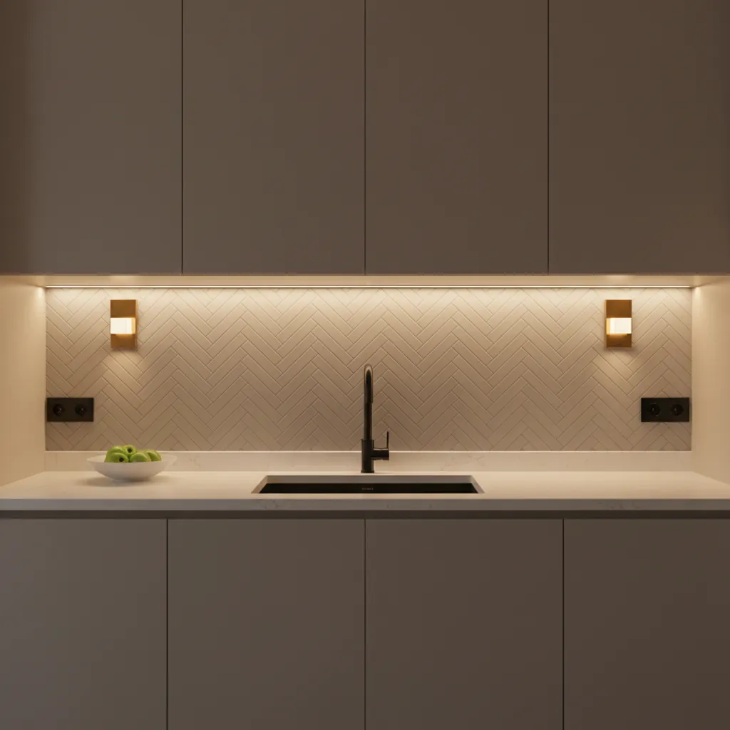 Kitchen counter wall with under cabinet LED lighting and decorative sconces