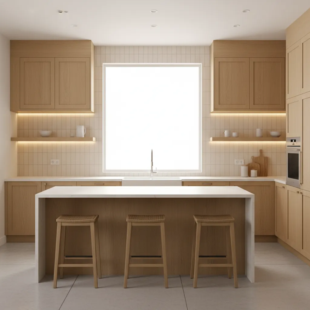 Well designed kitchen counter wall with shelves backsplash and lighting