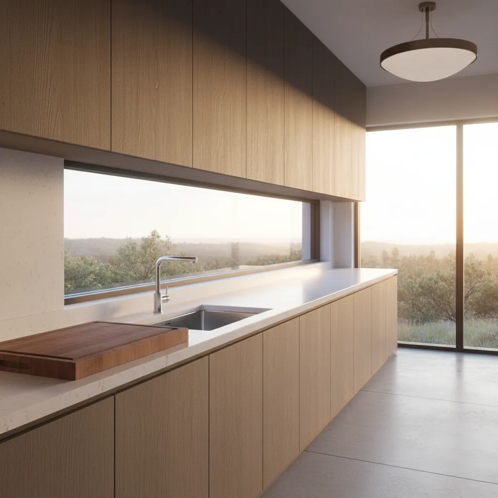 Continuous countertop running beneath an east facing kitchen window