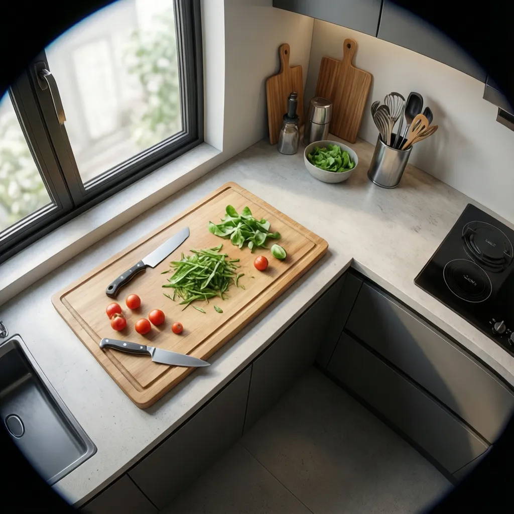kitchen counter showing prep zone and utensil holder placement