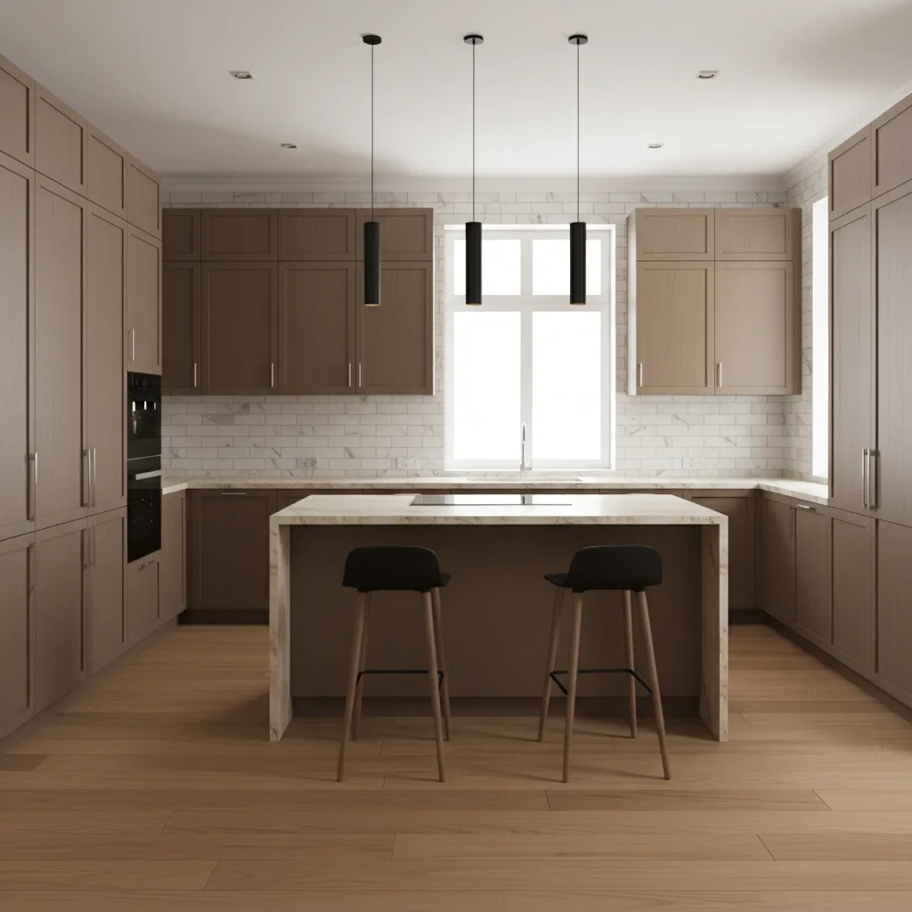 kitchen showing coordinated brown cabinets countertop backsplash and flooring