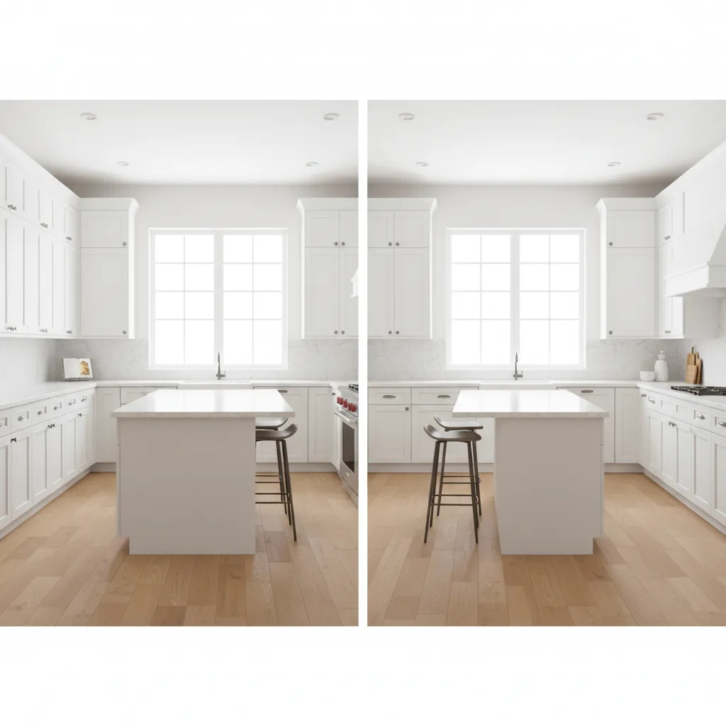 comparison of poor vs optimized kitchen countertop layout with island spacing