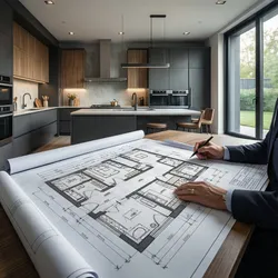 Person in a suit reviews a detailed floor plan drawing of a modern grey kitchen