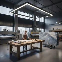 Worker reviewing interior design drawings on wooden table beside large blue stone slabs in factory