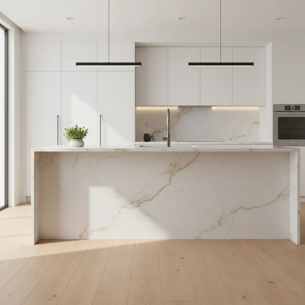quartz countertop coordinating with neutral kitchen flooring