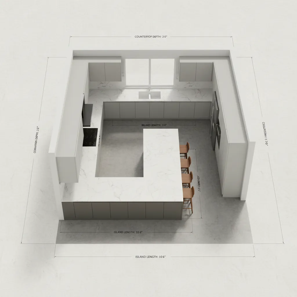kitchen layout planning showing countertop dimensions and island placement