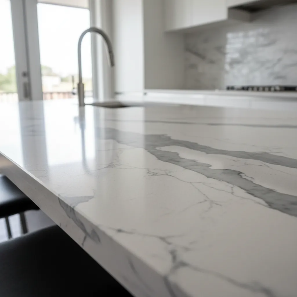 Close-up of quartz and marble kitchen countertop surfaces