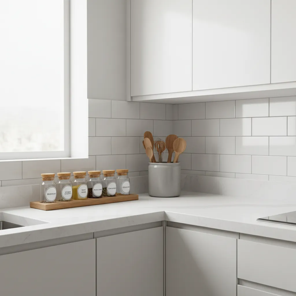 Kitchen counter with spice rack and utensil organizer near backsplash