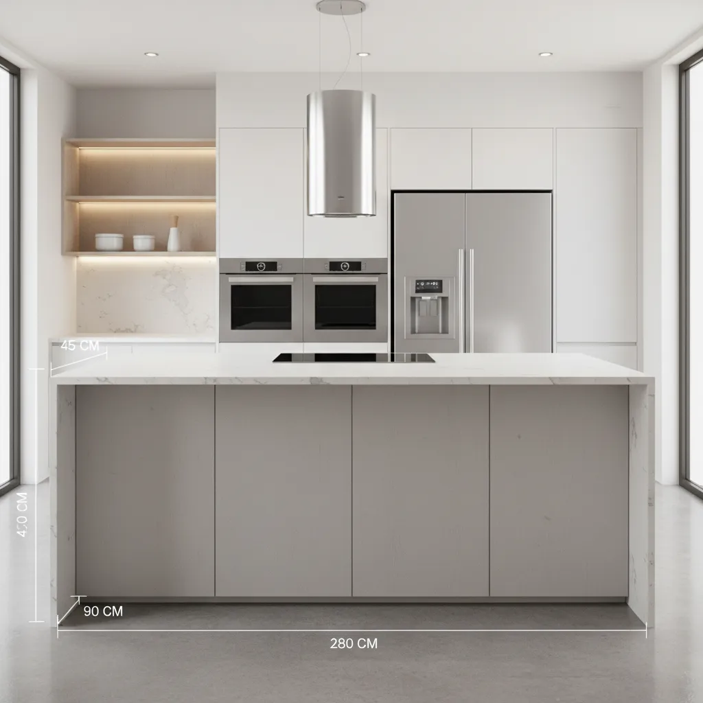 kitchen island countertop with labeled overhang dimension example