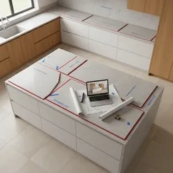 Kitchen island with laptop and paper drawings showing countertop material layout pieces marked in red