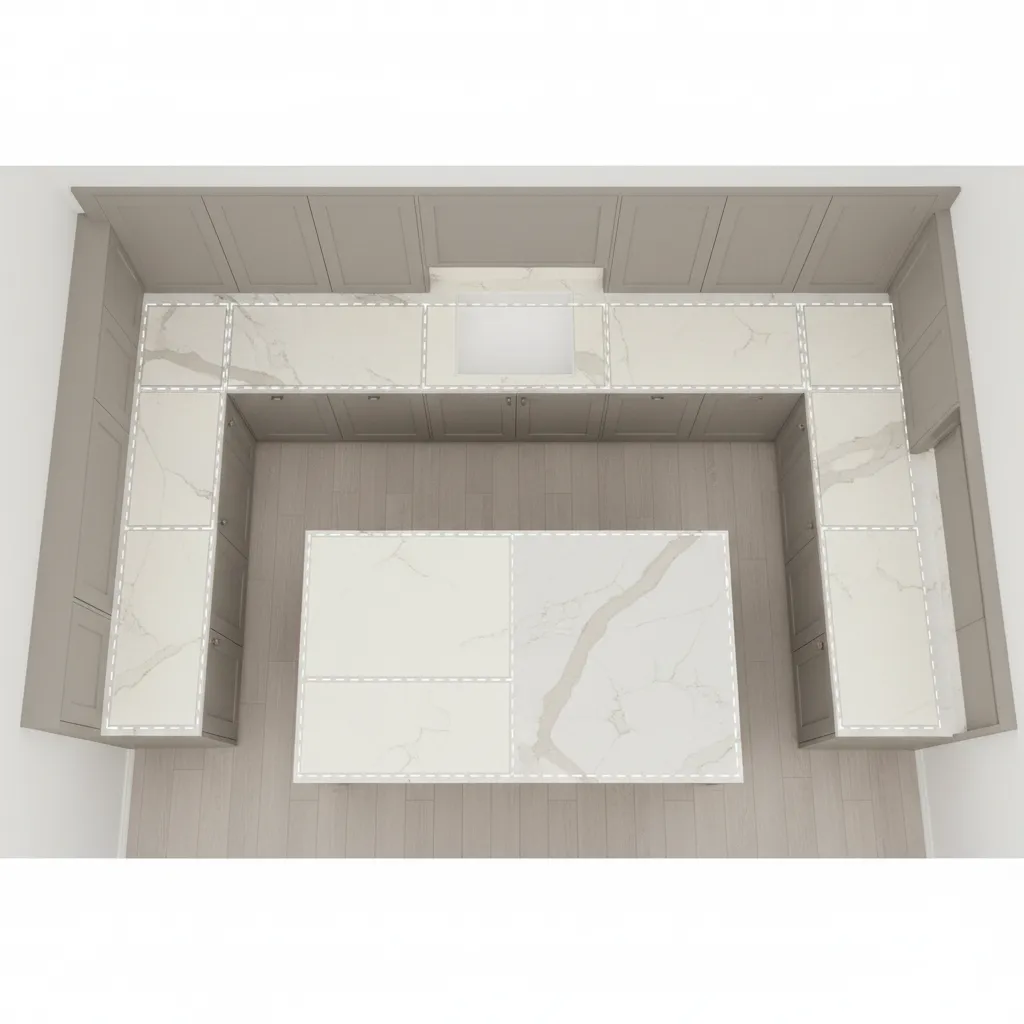 Kitchen countertop layout drawing showing slab size boundaries and island placement
