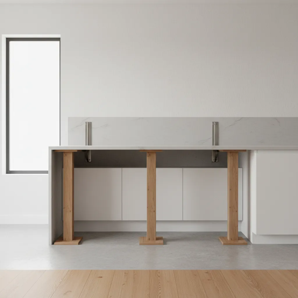 diagram showing support points under a kitchen countertop after cabinets are removed