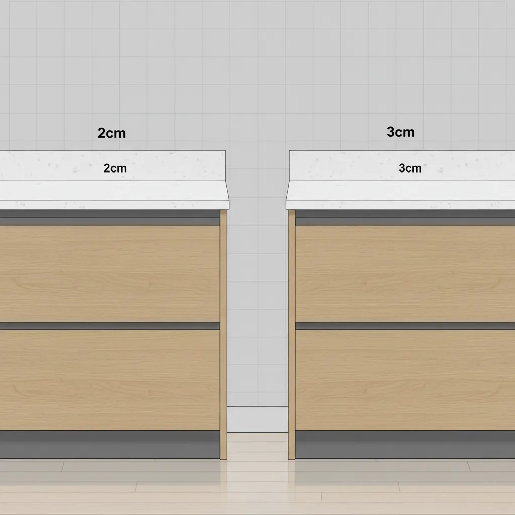 diagram showing 2 cm and 3 cm kitchen countertop thickness comparison