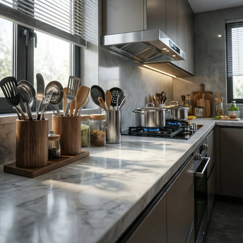Kitchen countertop with different utensil holders used in everyday cooking