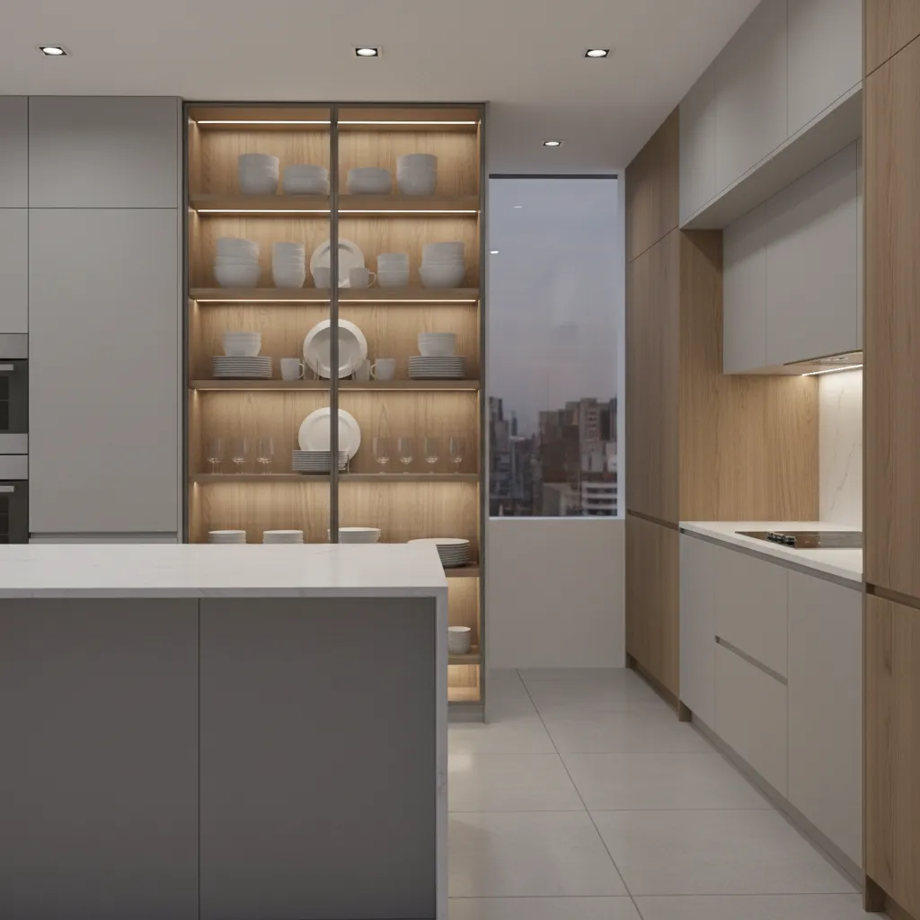 Kitchen crockery cabinet displaying plates and bowls neatly organized
