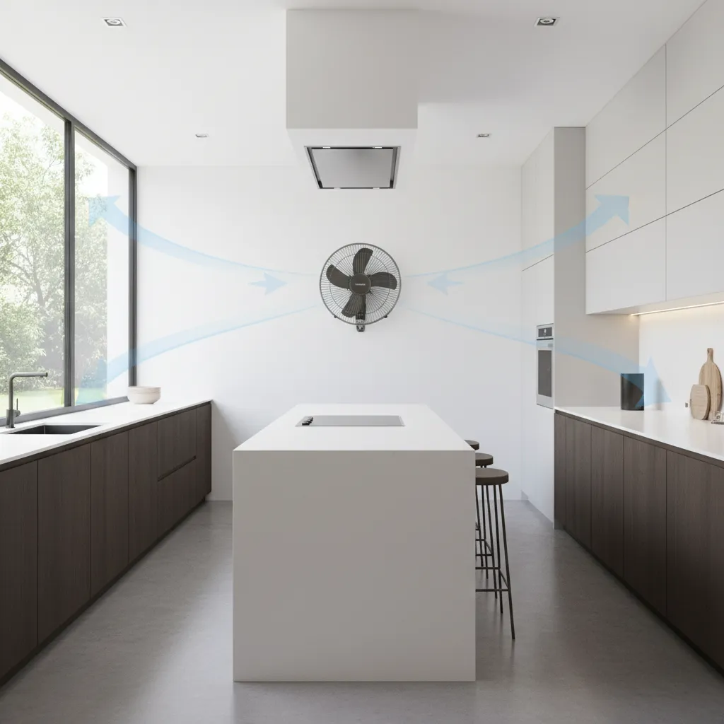 Kitchen layout showing wall fan opposite window for cross ventilation