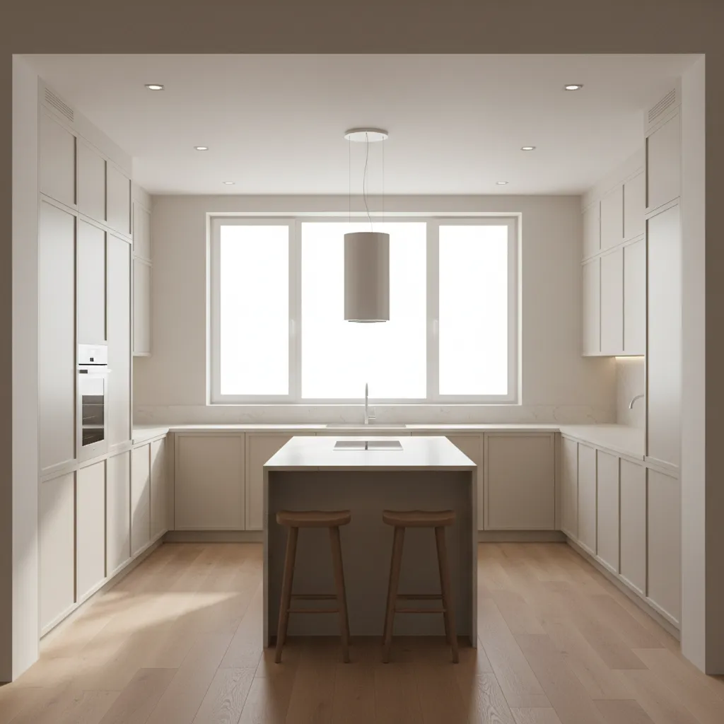 Cream kitchen cabinets illuminated by natural daylight from large window