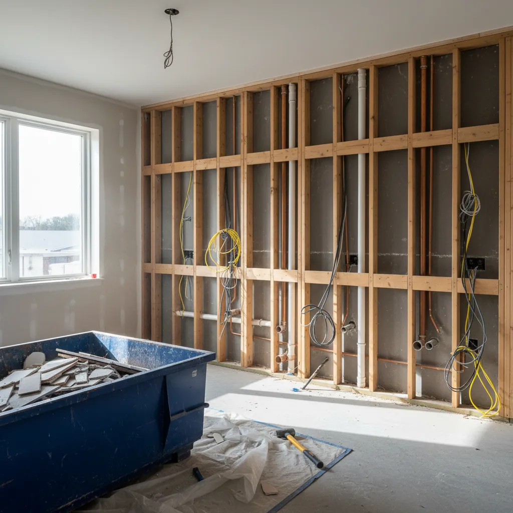 Interior room under construction with exposed wooden wall frame pipes wires and blue trash container box