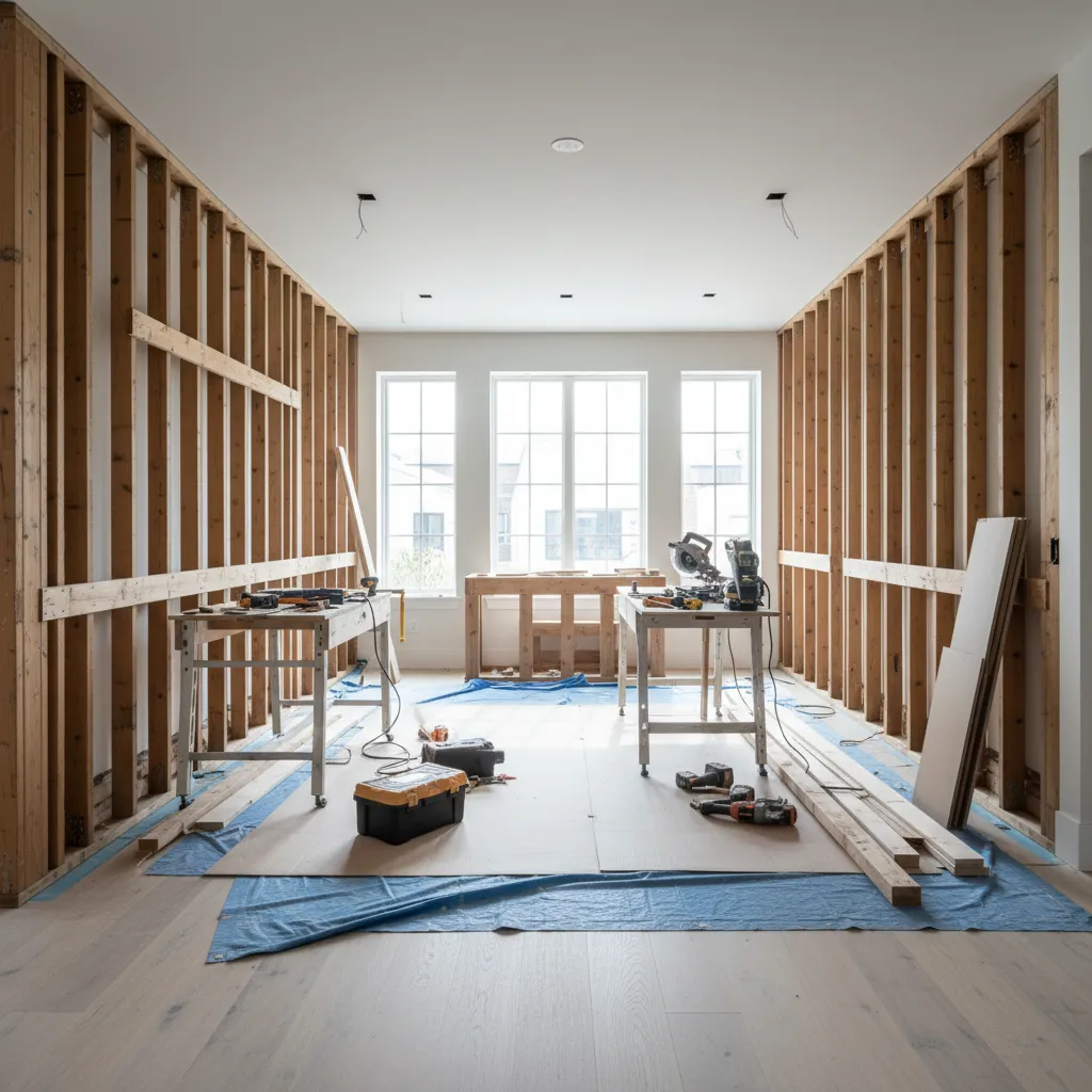 kitchen during demolition stage with removed cabinets and exposed walls
