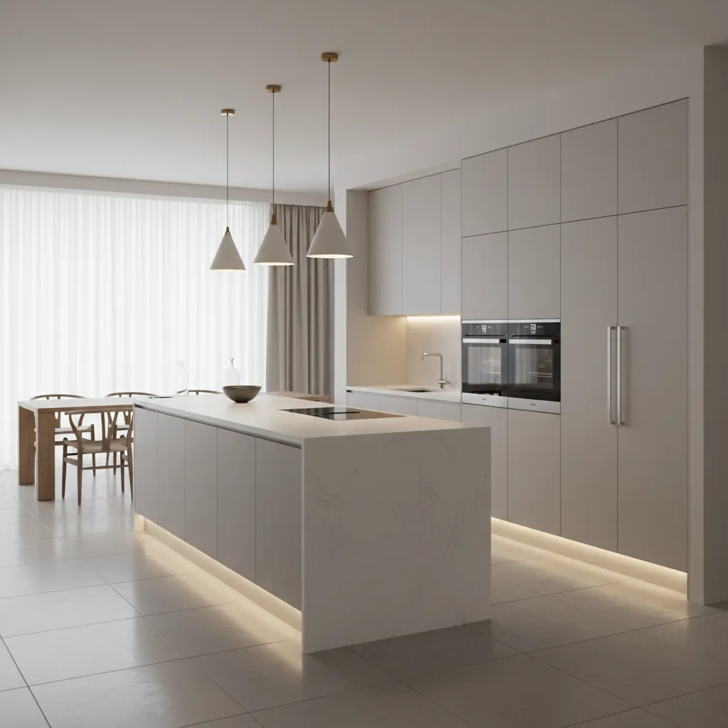 3d kitchen design visualization with cabinets island and lighting plan