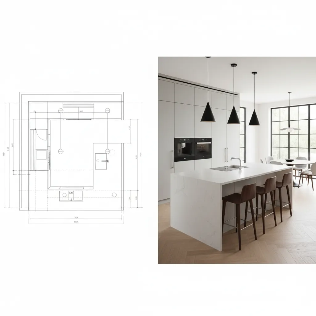 Comparison between digital kitchen design plan and finished modern kitchen