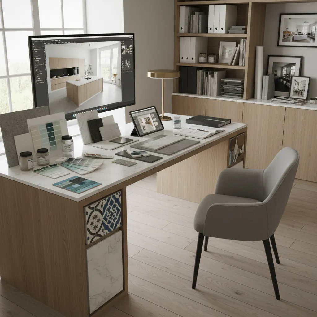 designer reviewing kitchen material samples with white cabinet paint options