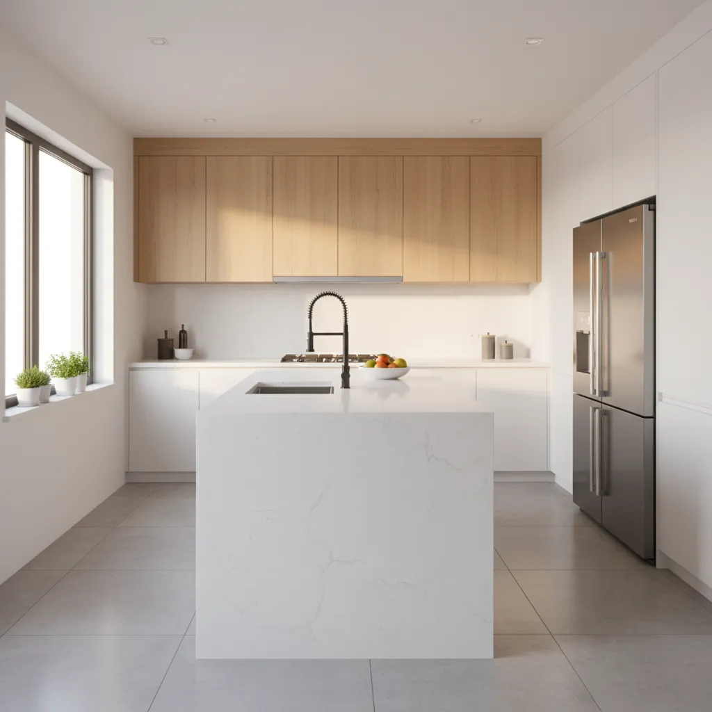 Modern white kitchen with marble island black faucet wood cabinets and large stainless steel fridge