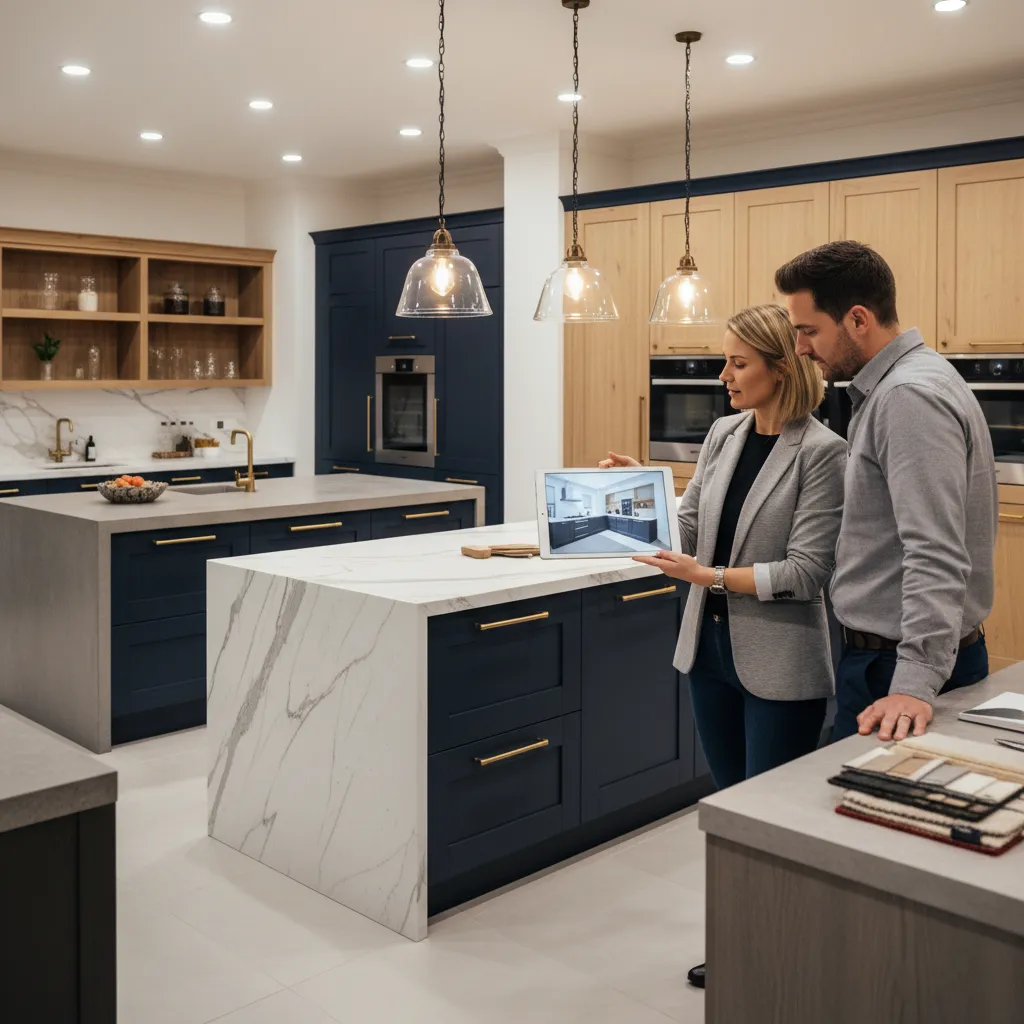 Decorador mostrando opciones de diseño de cocina a un cliente