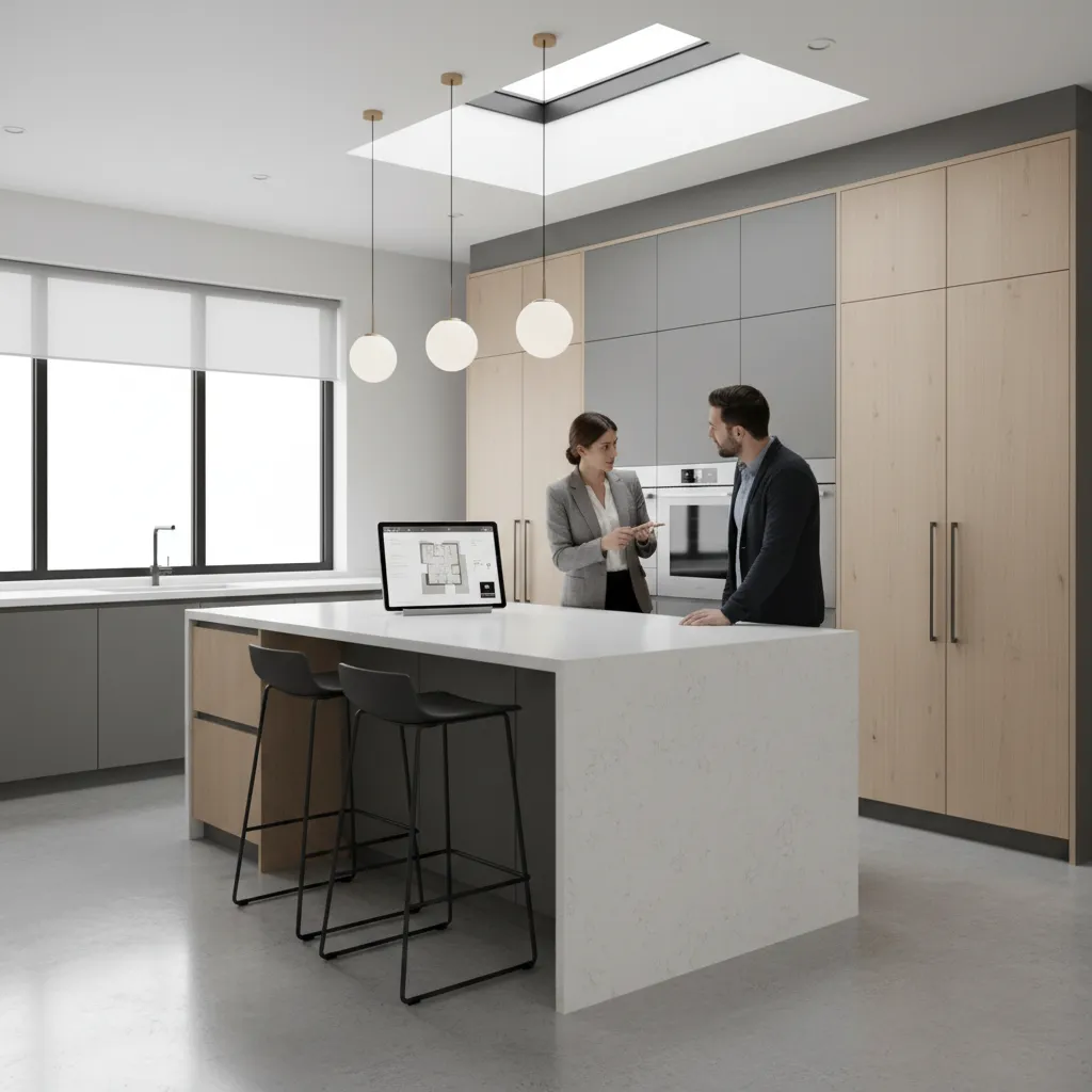 designer discussing kitchen layout with homeowner in modern kitchen