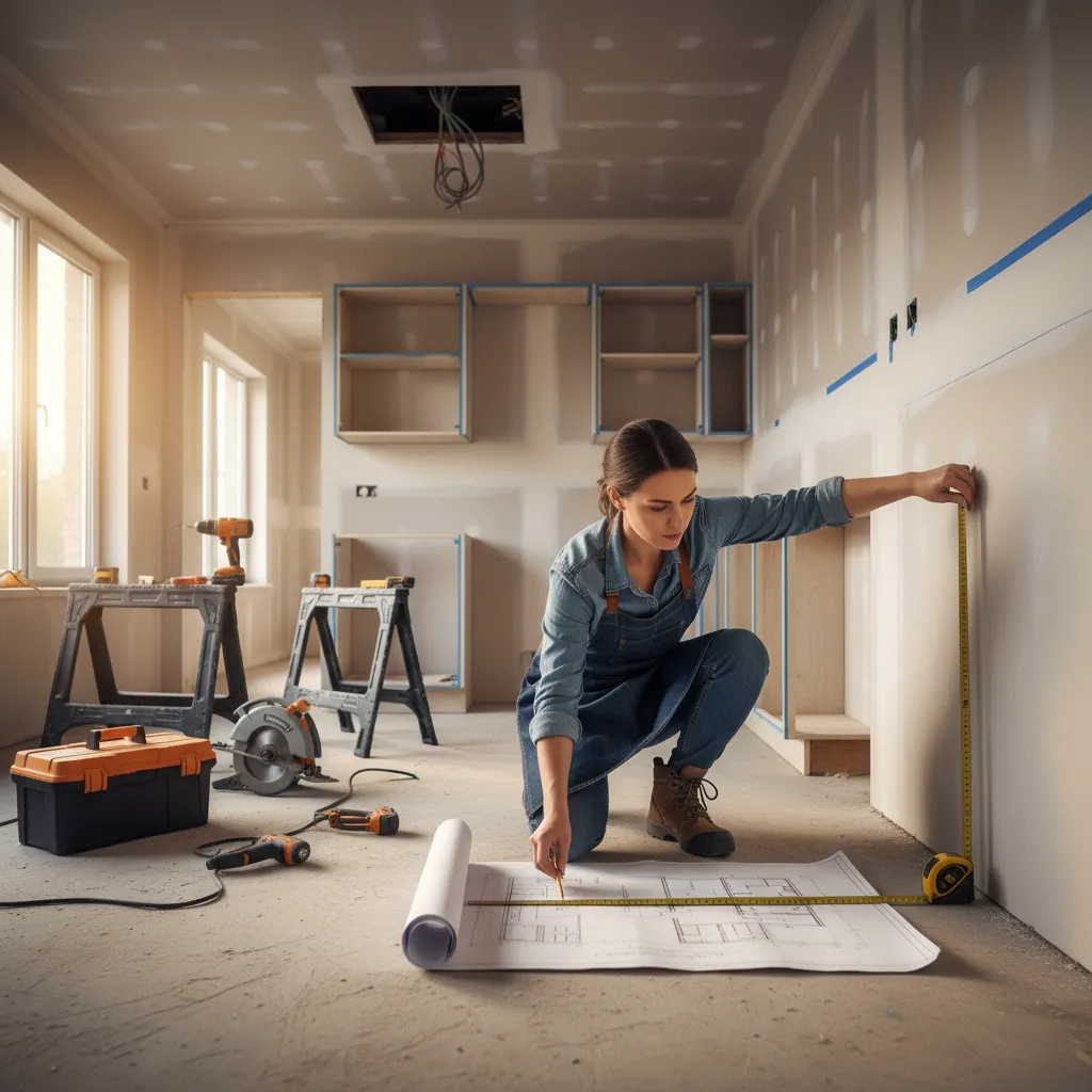 Diseñador revisando medidas de cocina con cinta métrica y plano