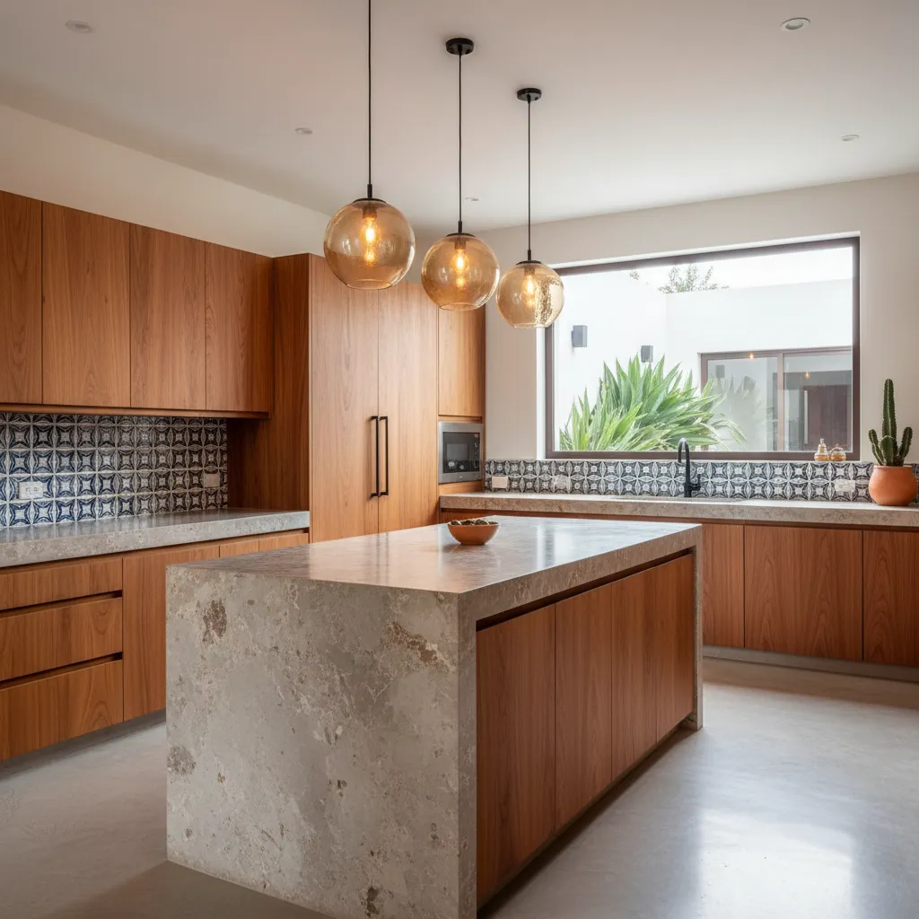 Cocina moderna en vivienda mexicana con materiales naturales
