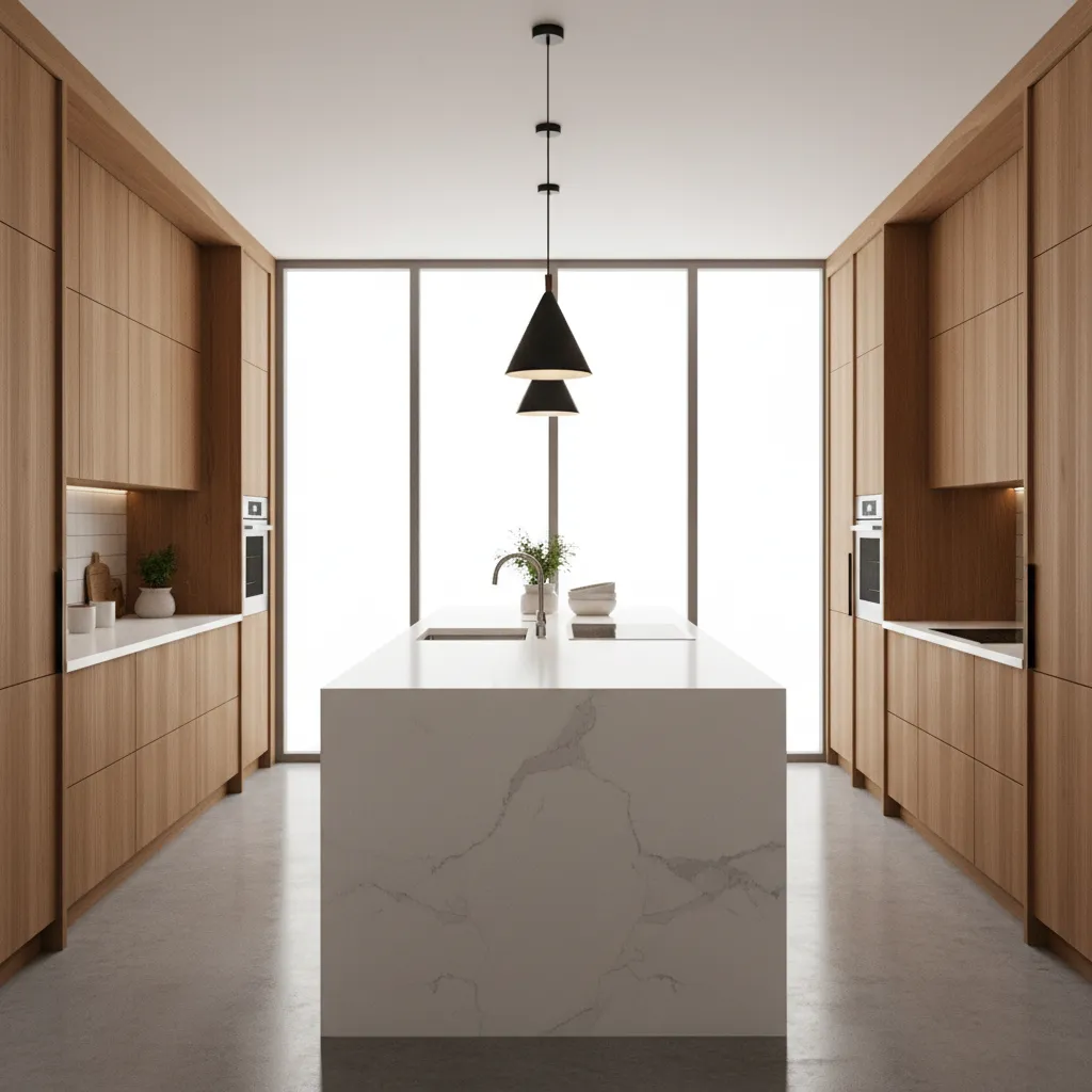 Realistic 3D render preview of a modern kitchen created with design software