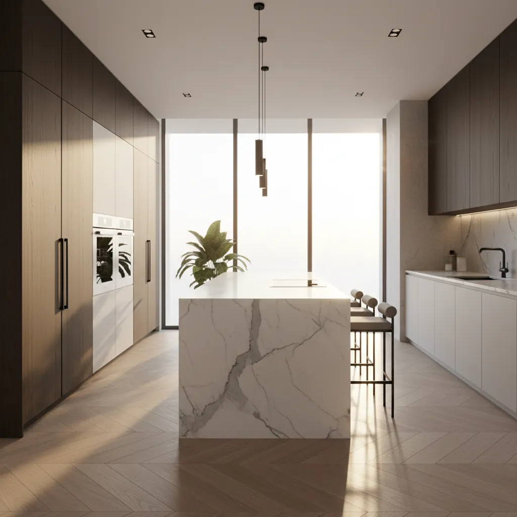 Photorealistic kitchen rendering used for design presentation