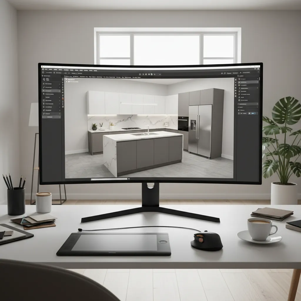 Computer monitor on a desk displaying kitchen interior design software with a modern room layout