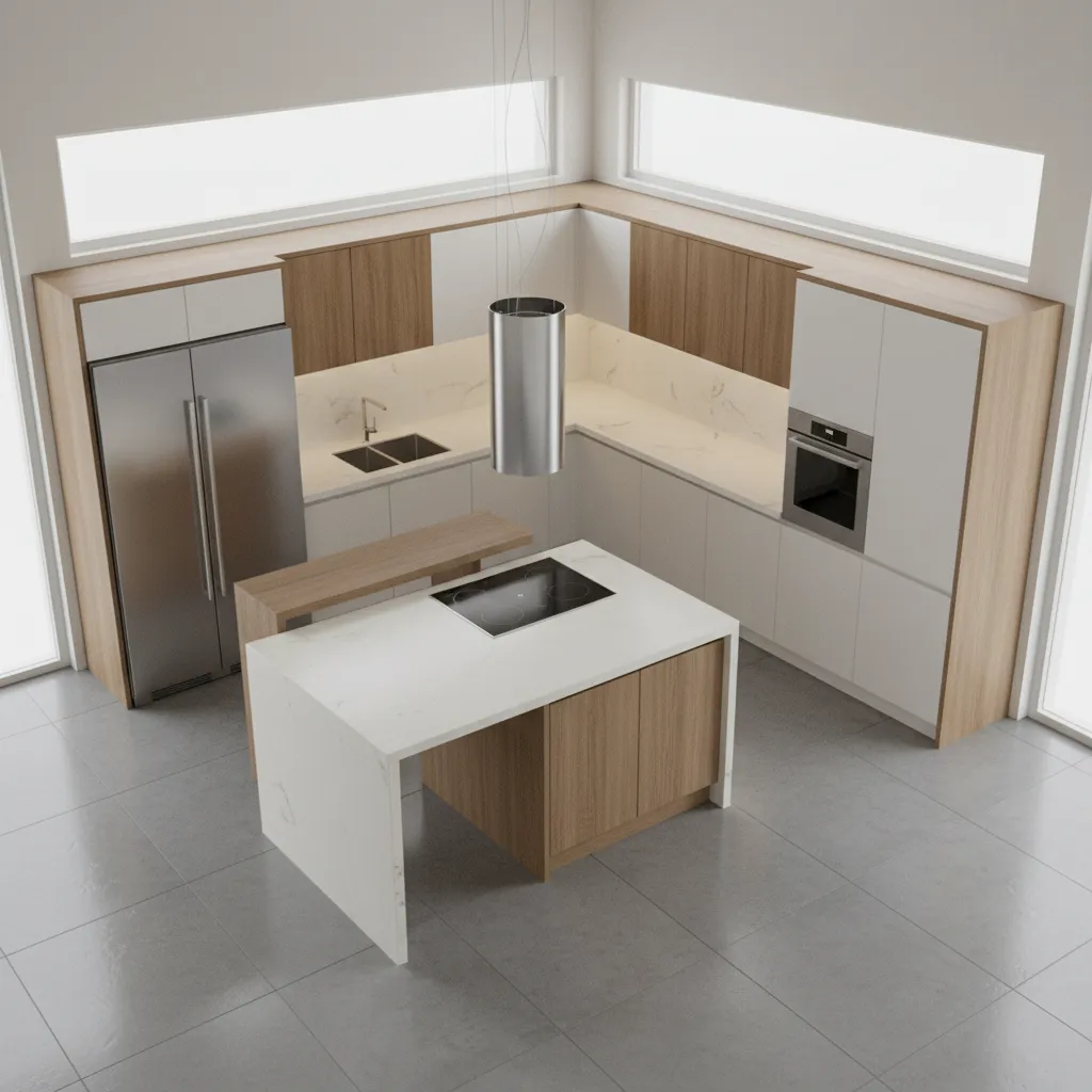 3D kitchen layout created using interior kitchen and bathroom design software