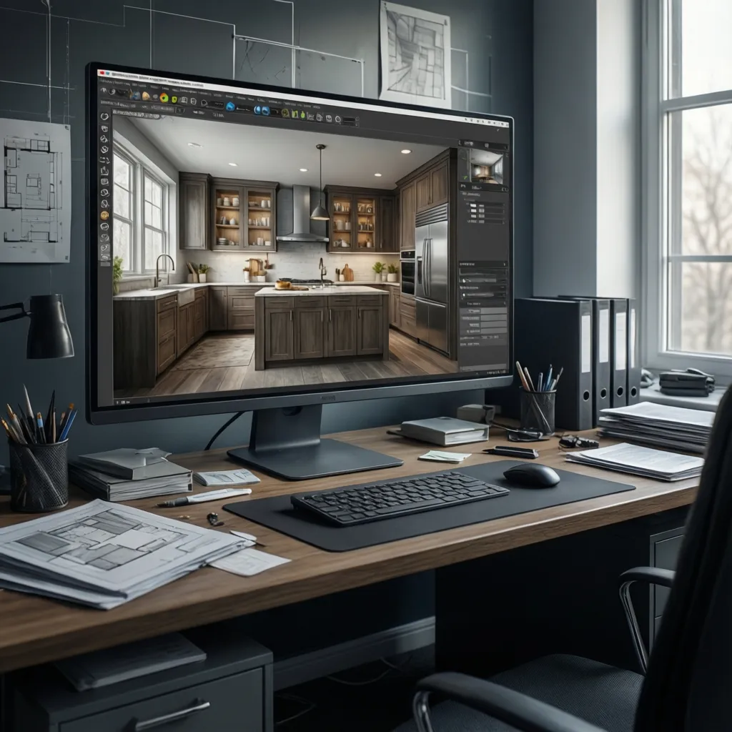 Designer looking at frozen kitchen design software screen showing cabinet layout