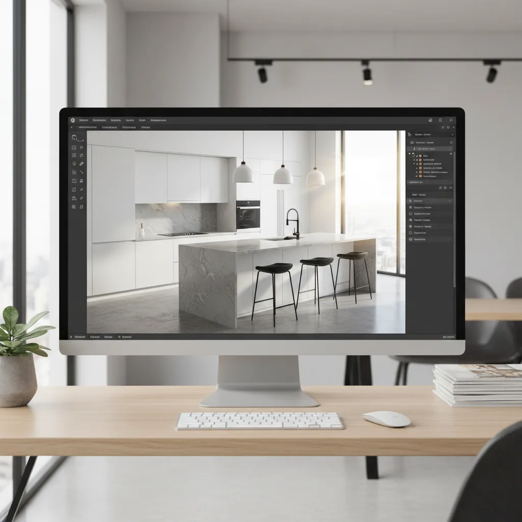 Kitchen design software interface showing 3D kitchen layout with cabinets and island