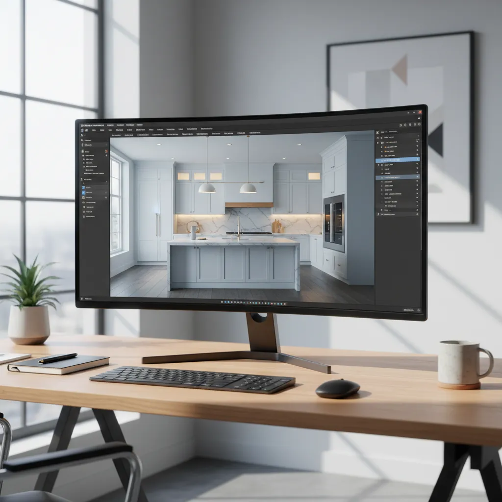 designer using kitchen design software to visualize cabinet layout in 3D