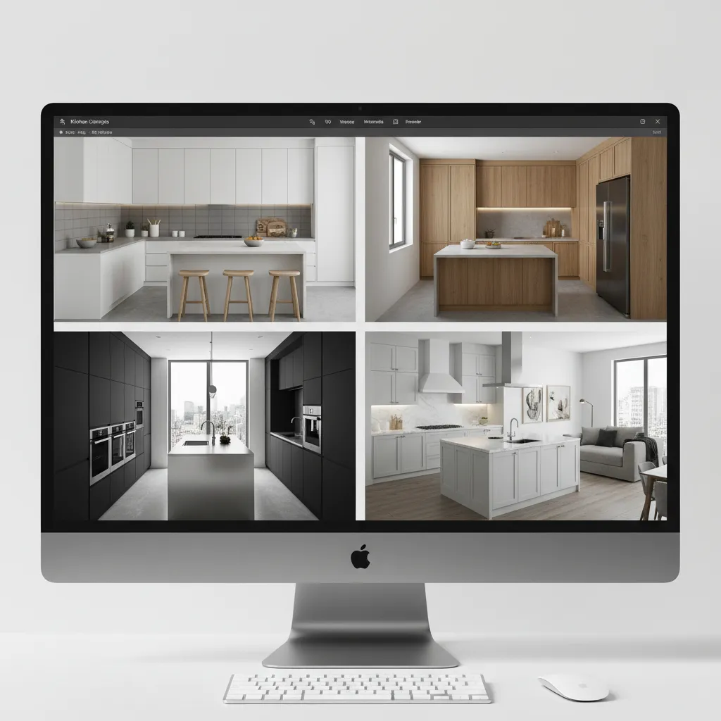 Multiple kitchen layout concepts displayed in digital design software