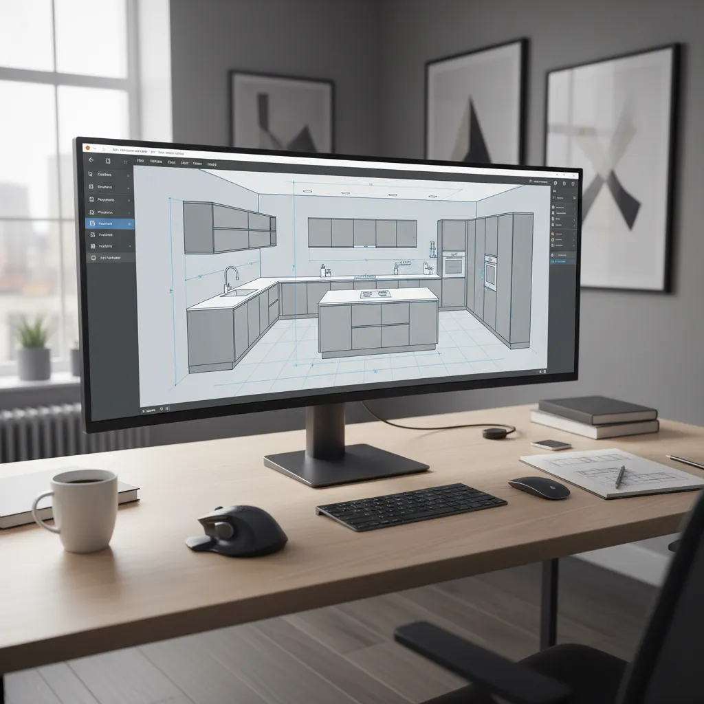 digital kitchen layout planning interface showing cabinets appliances and floor plan