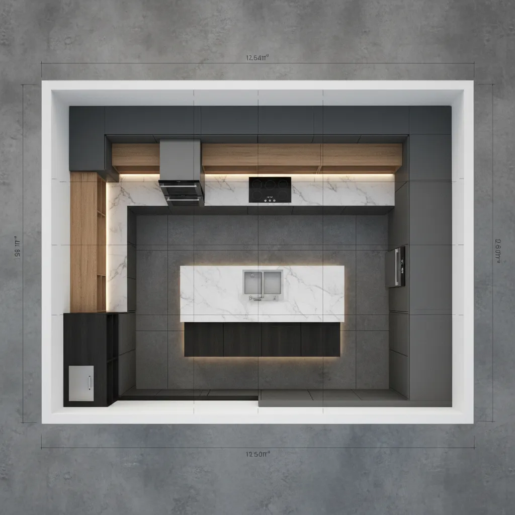 Digital kitchen design layout view with cabinets and island planning