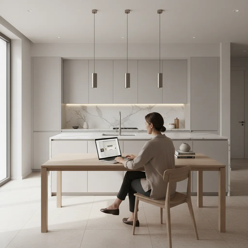 homeowner reviewing digital kitchen layout design on laptop in modern kitchen